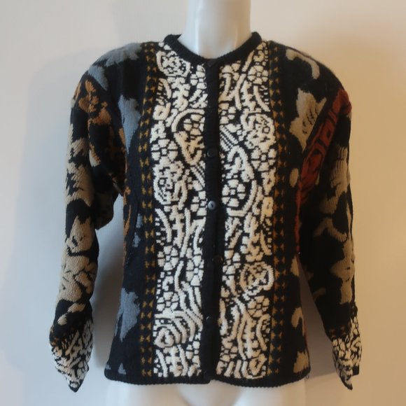 Womens Kitty Hawk By Vivian Wang Black/Multi Print Cardigan Sweater S * - Picture 2 of 6